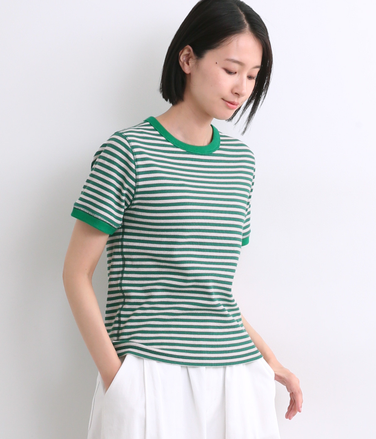 ハニカムボーダーTシャツ(グリーン-ONESIZE)