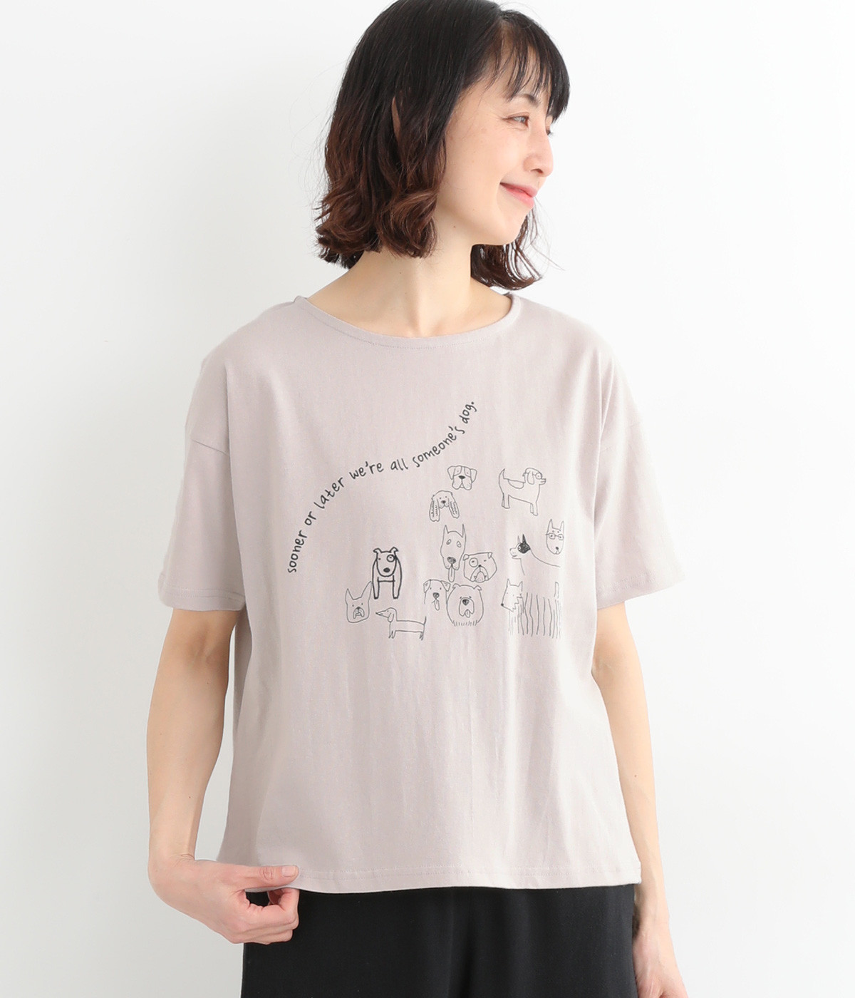 コットン天竺らくがきワンコ幅広プルオーバー(グレージュ-ONESIZE)