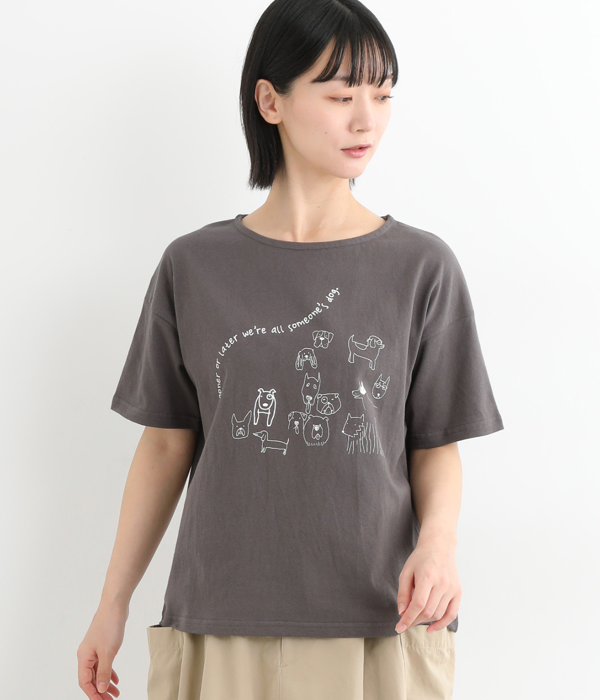 コットン天竺らくがきワンコ幅広プルオーバー(チャコール-ONESIZE)