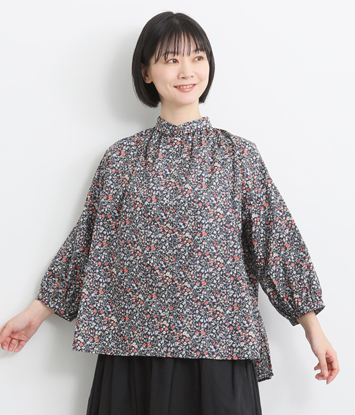 コットン 花柄ギャザーシャツ(ネイビー-ONESIZE)
