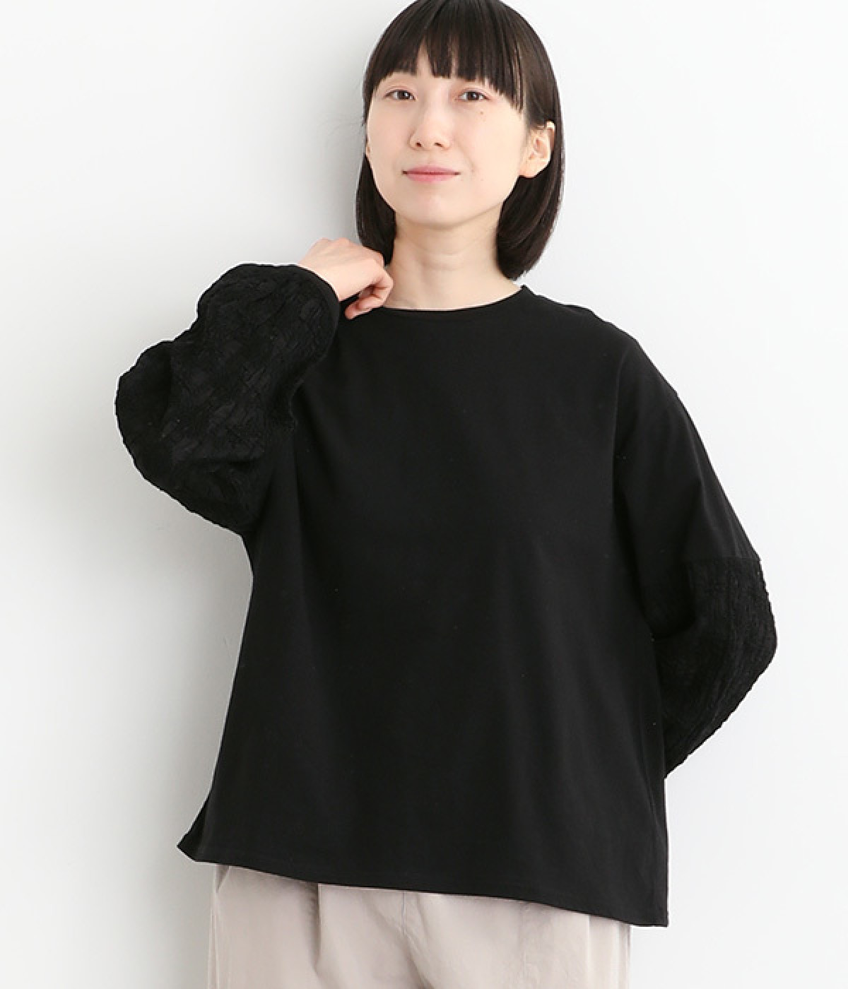 コットン 袖シュリンクレースプルオーバー(ブラック-ONESIZE)