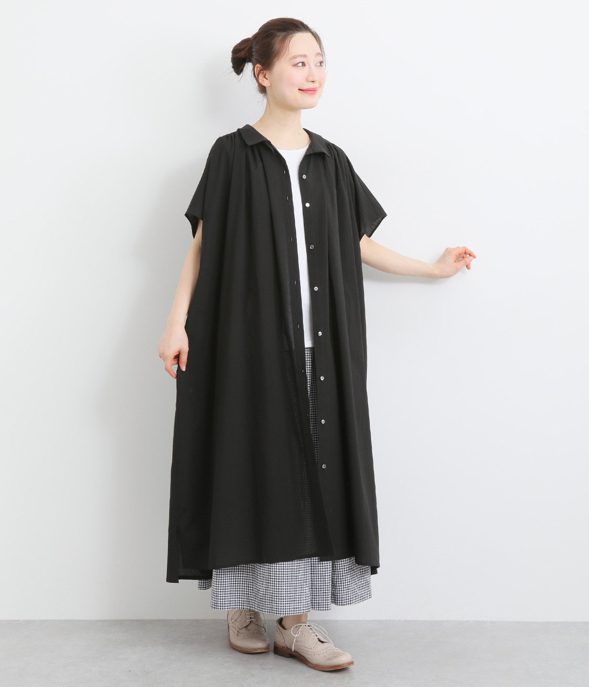 【made in japan】コットン フレンチスリーブギャザーワンピース(ブラック-ONESIZE)