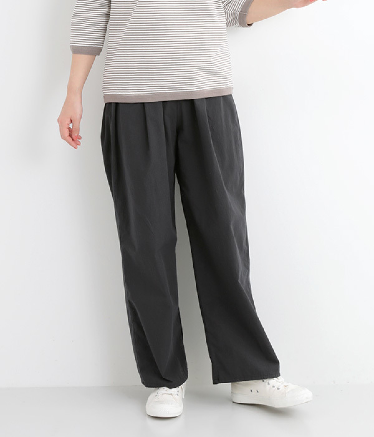 コットンブロードウエストタックストレートパンツ(チャコール-ONESIZE)