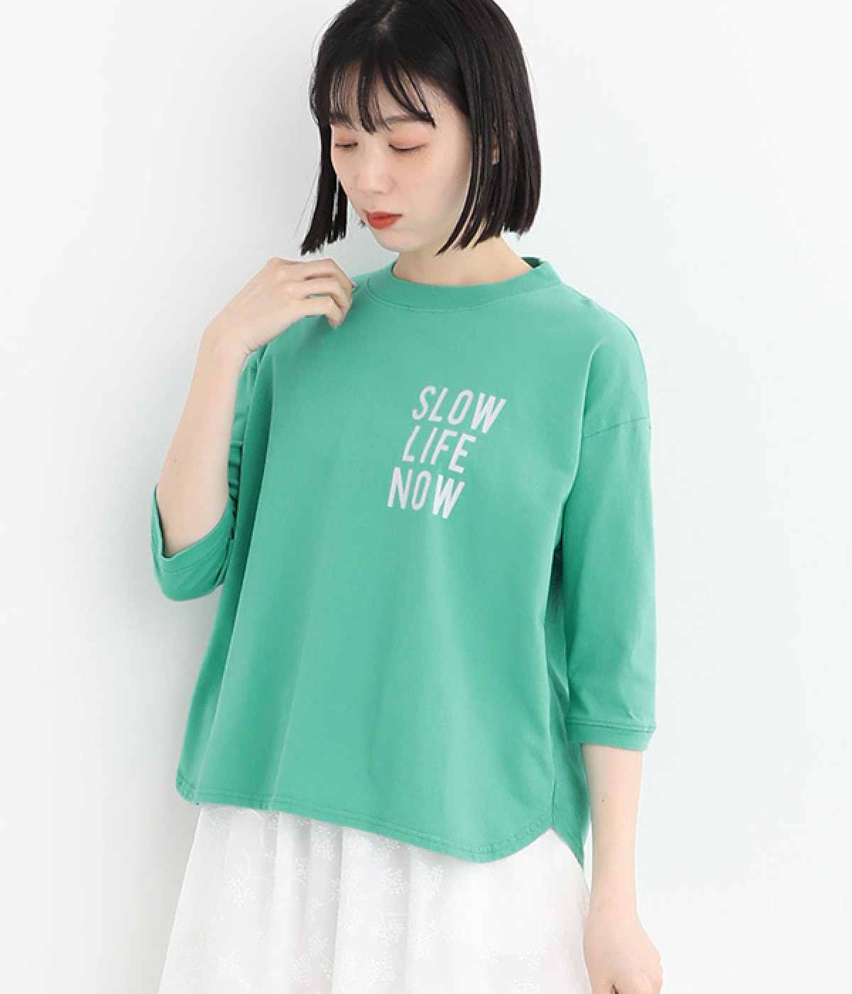 コットンBD天竺7分袖プリントプルオーバー<SLOW LIFE NOW> (グリーン-ONESIZE)