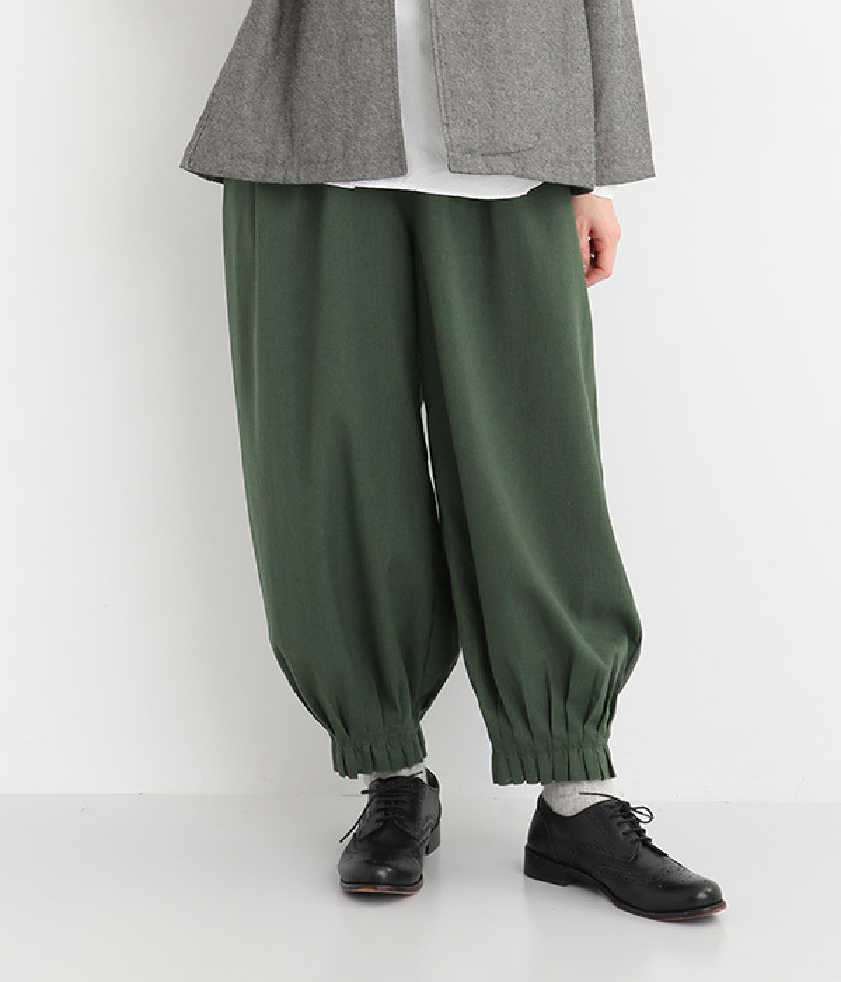 レーヨンリネン裾タックパンツ(グリーン-ONESIZE)