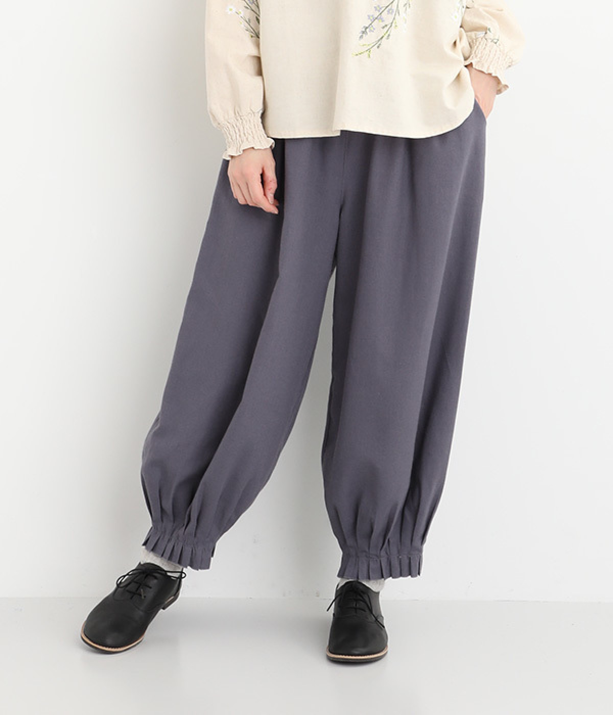 レーヨンリネン裾タックパンツ(ブルーグレー-ONESIZE)