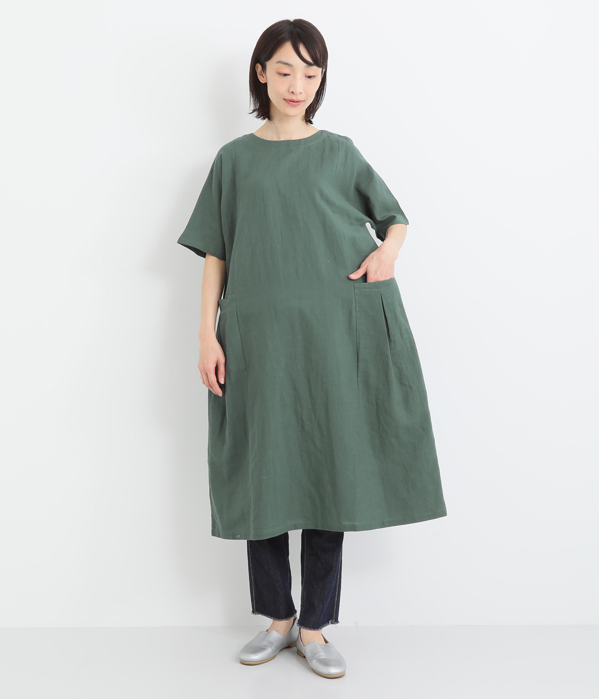リネンクルーネックワンピ―ス(グリーン-ONESIZE)