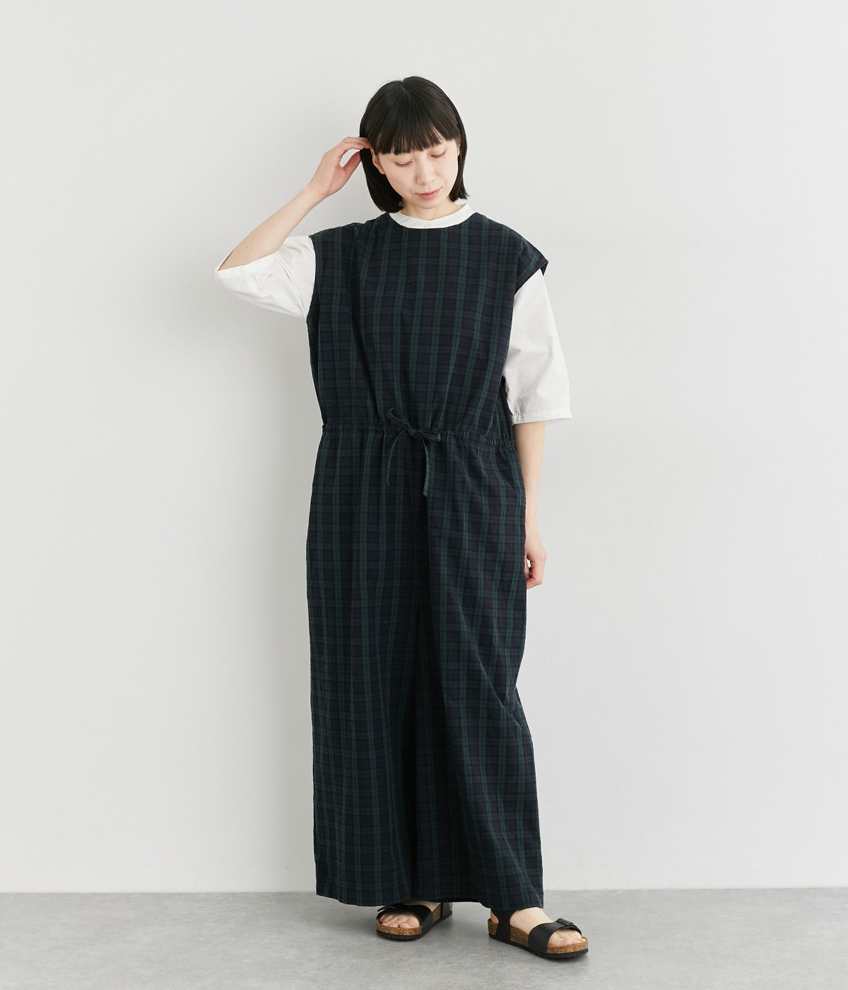 コットンリネン高密度カンフーサロペット(ブラックウォッチ-ONESIZE)