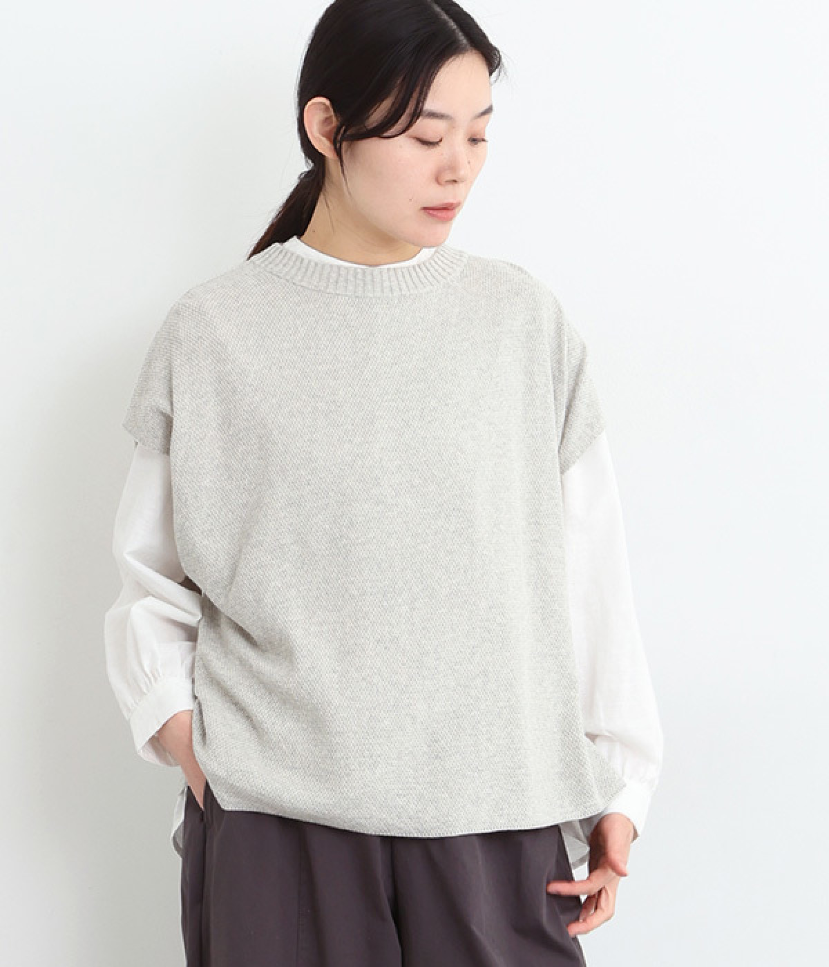 コットン鹿子編みニットプルオーバー(グレー-ONESIZE)