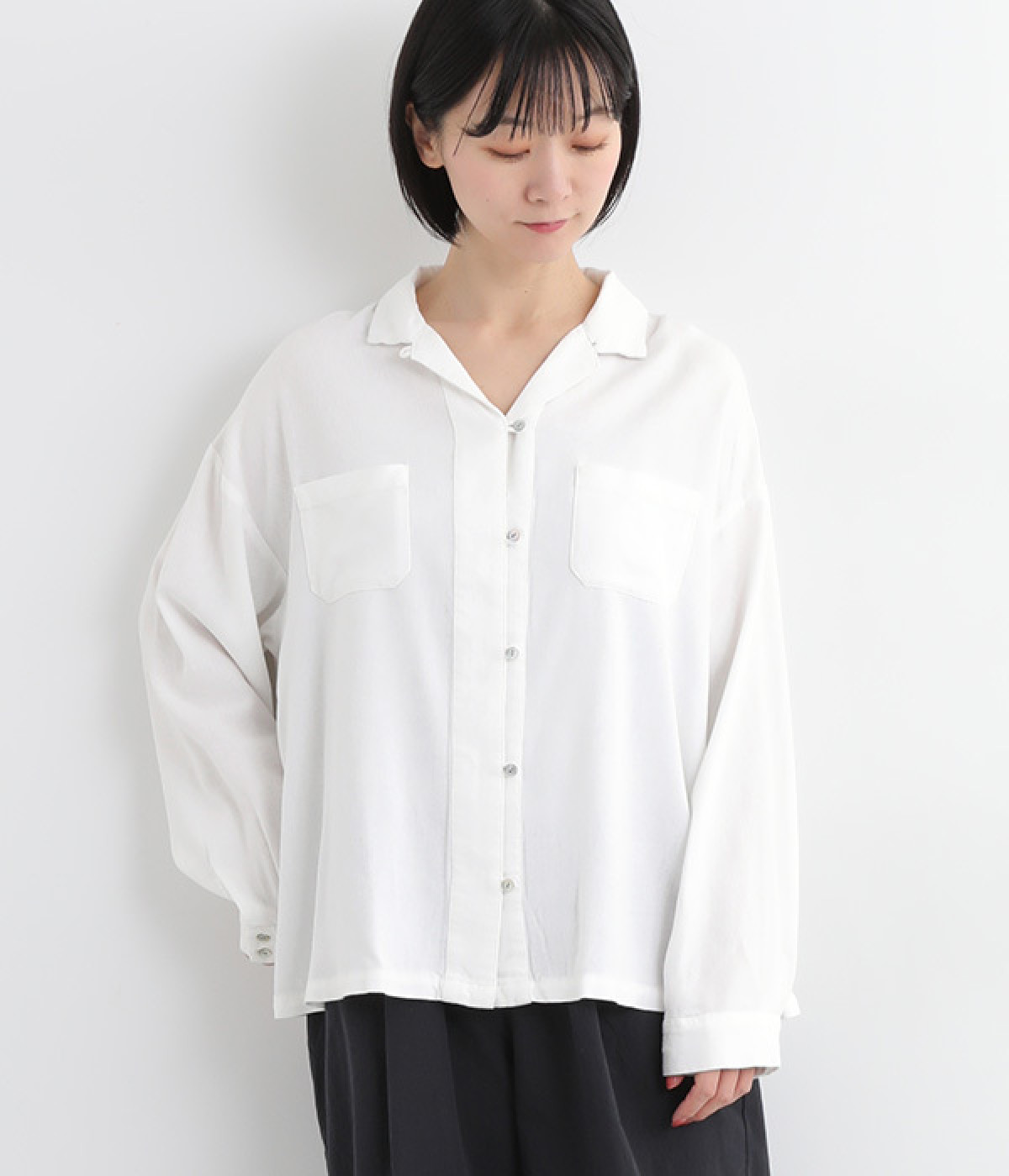 リネンレーヨンオープンカラーブラウス(オフホワイト-ONESIZE)