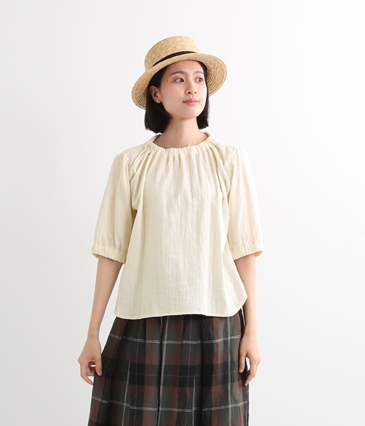 Wガーゼネックゴム5分袖ブラウス(キナリ-ONESIZE)