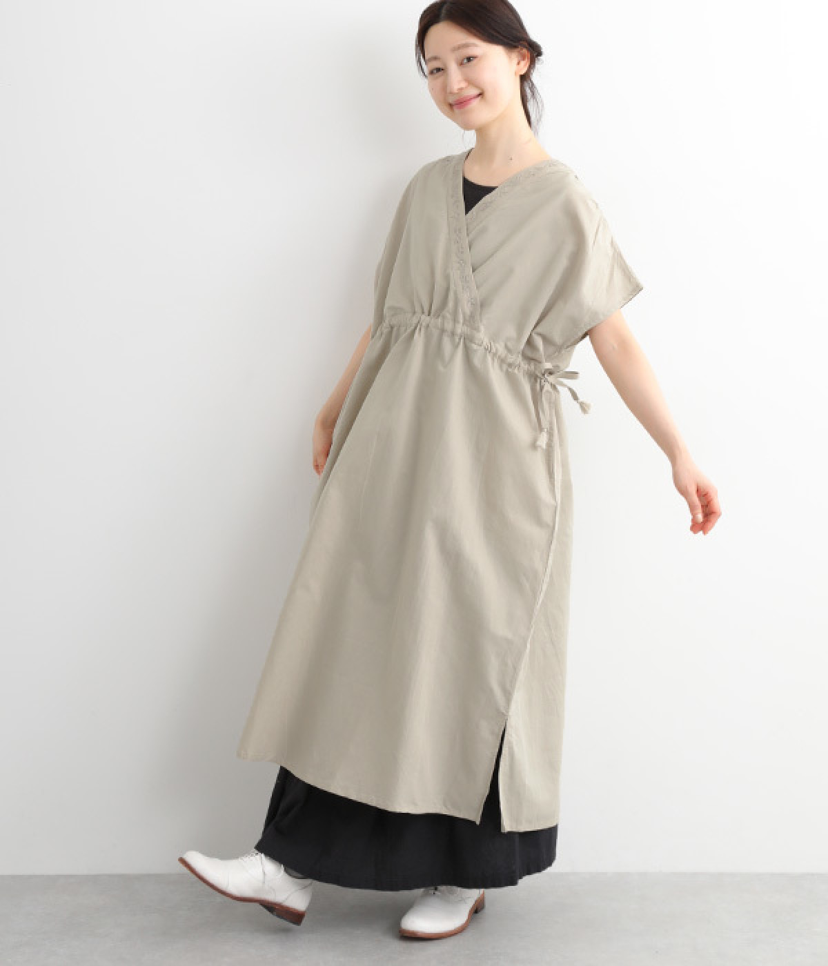 リネンコットンワークカシュクールワンピース(サンドベージュ-ONESIZE)