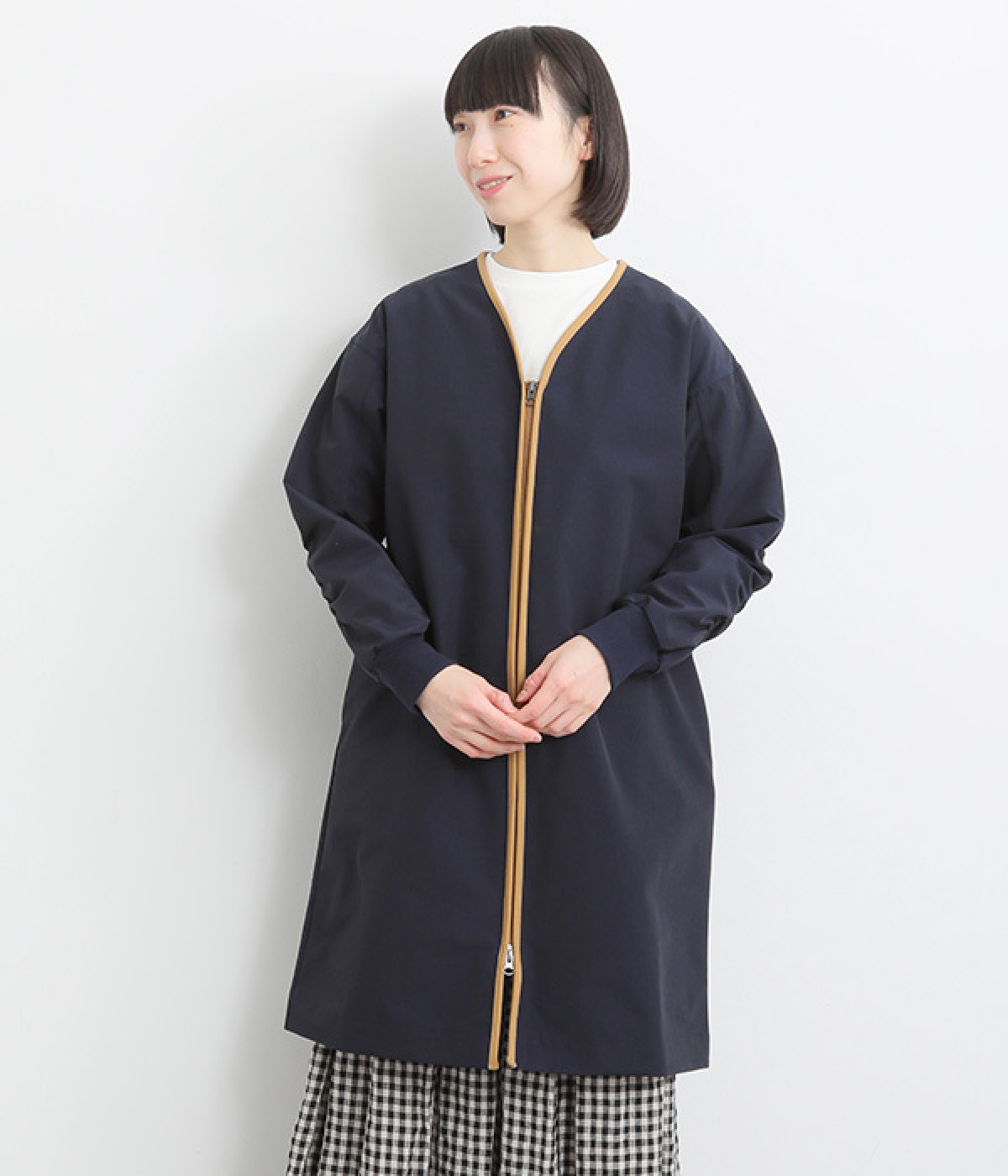 コットンナイロンクロスワッシャーギャザースリーブコート(ネイビー-ONESIZE)