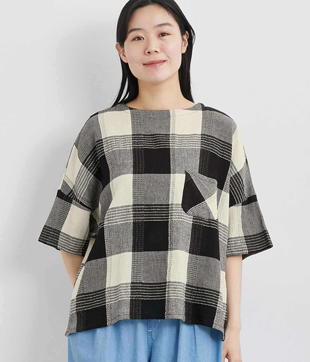 チェックに刺し子風ドビーコットンブラウス(ブラック-ONESIZE)