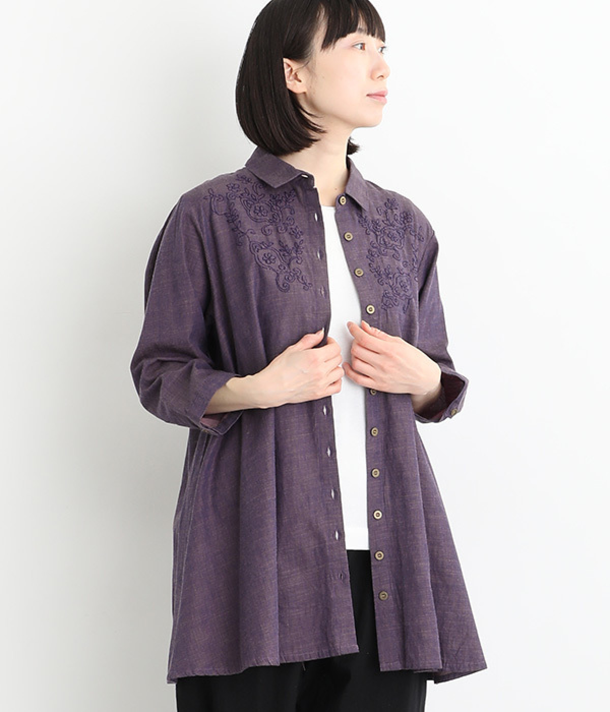 野菜とお花の刺繍シャンブレーロングシャツ(パープル-ONESIZE)