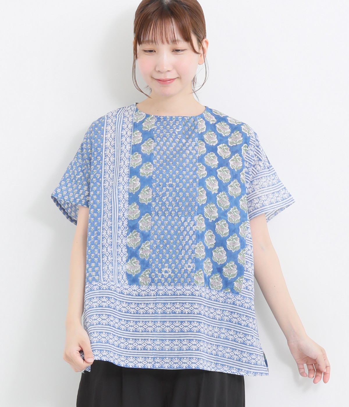 ブロックプリントパッチワークコットンブラウス(ブルー-ONESIZE)