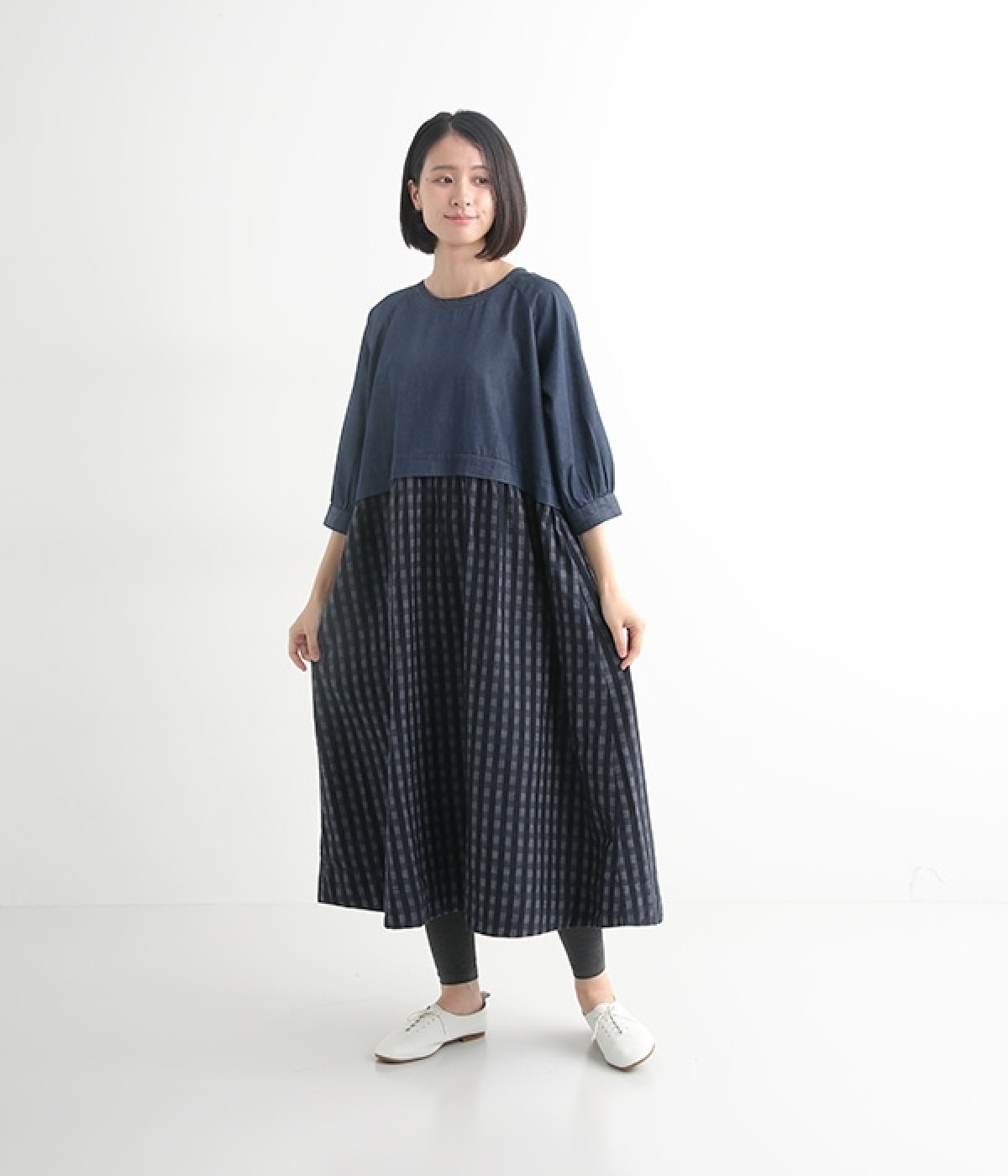 別注｜デニムコンビギャザーワンピース(チェック-ONESIZE-【コラボ】)