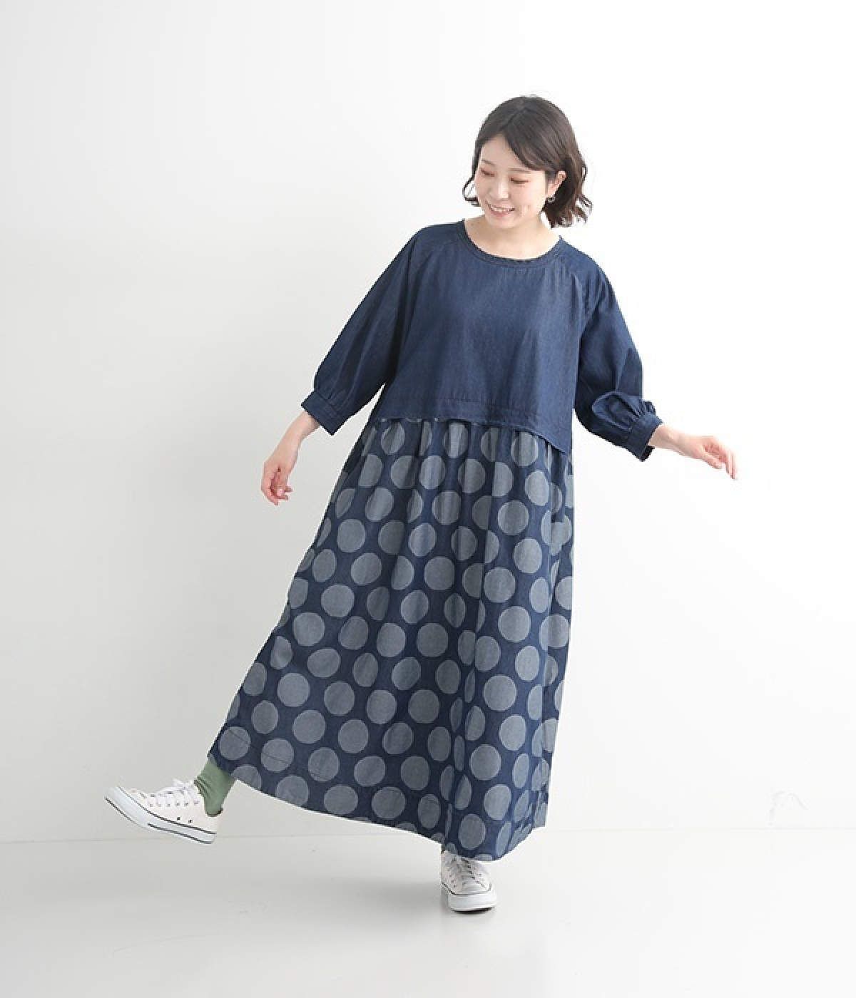 別注｜デニムコンビギャザーワンピース(ドット-ONESIZE-【コラボ】)
