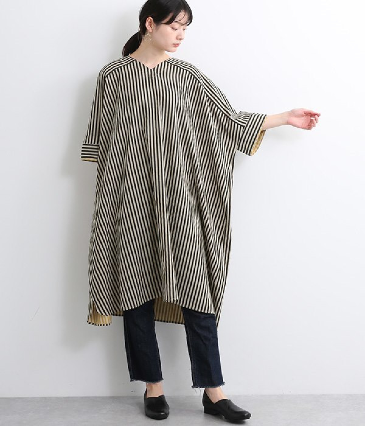 ダブルフェイスストライプリバーシブルワンピース(ブラック-ONESIZE)