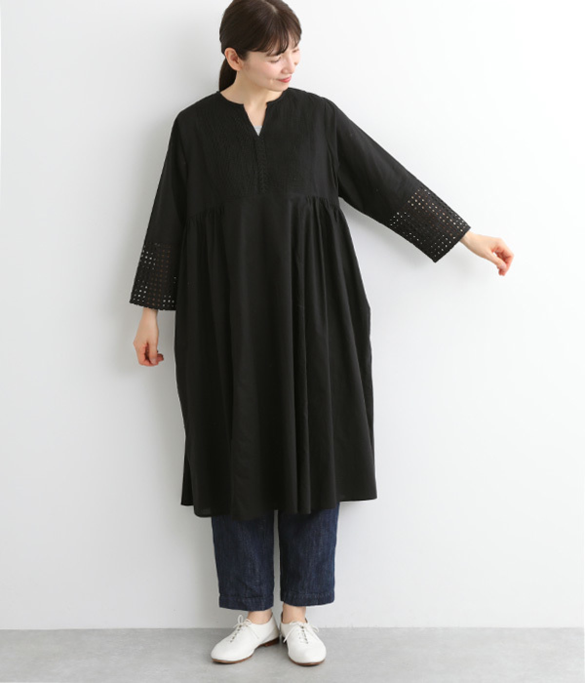 コットンピンタックレースワンピース(ブラック-ONESIZE)