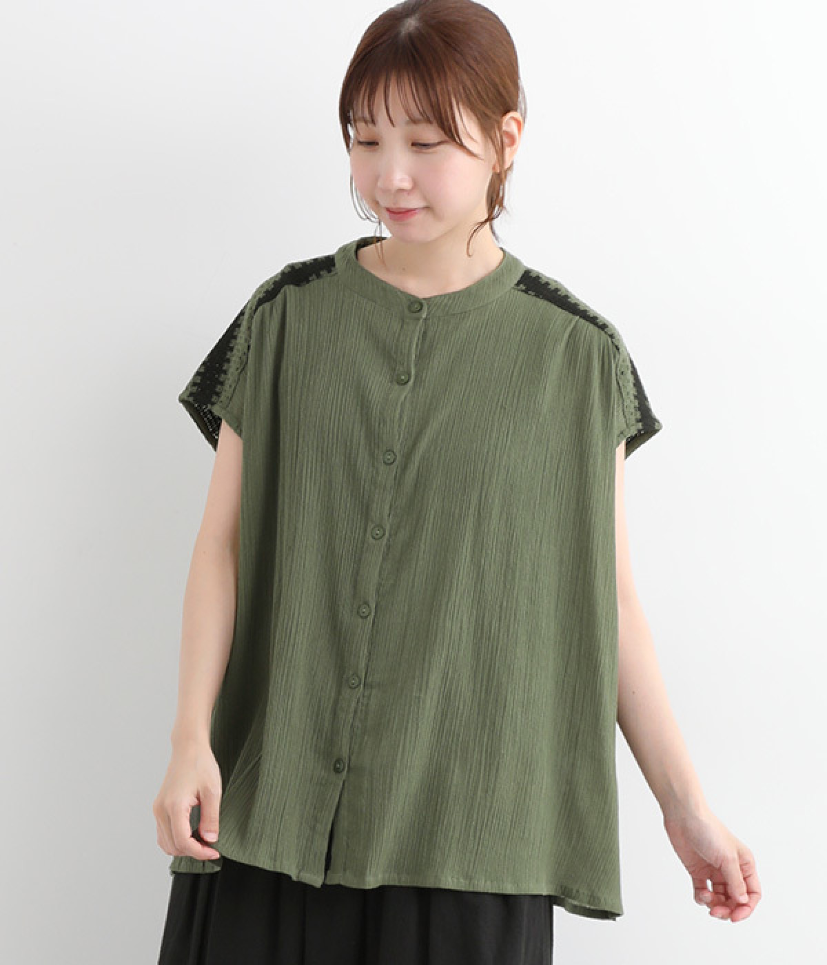 【Shanti Shanti】コットンクレープバイカラーレースブラウス(カーキ-ONESIZE)