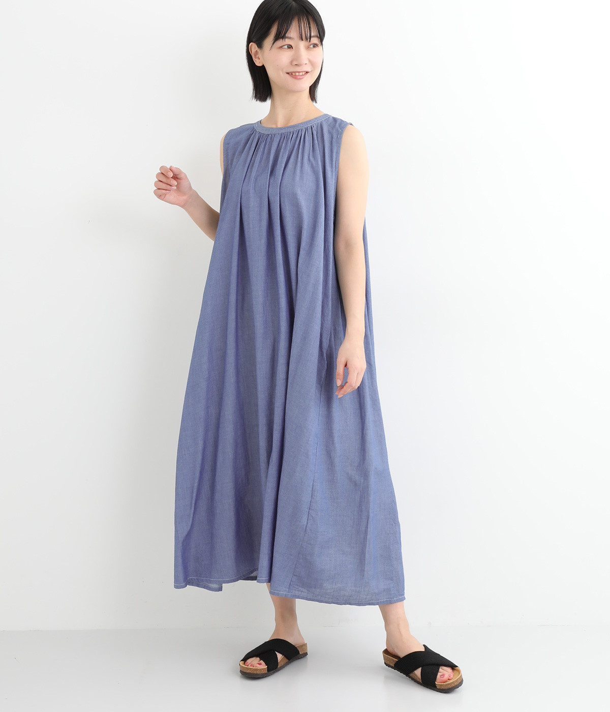 2.5ozインディゴデニム(ビエラ) ギャザーノースリーブワンピース(ダンガリーブルー-ONESIZE)