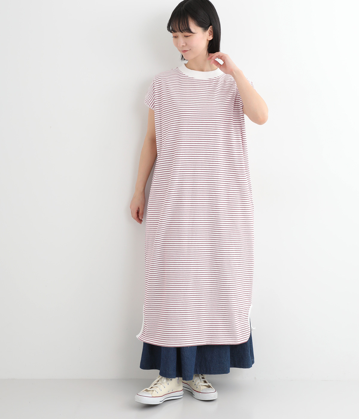 OE天竺ボーダー ワンピース(オフホワイト×レッド-ONESIZE)