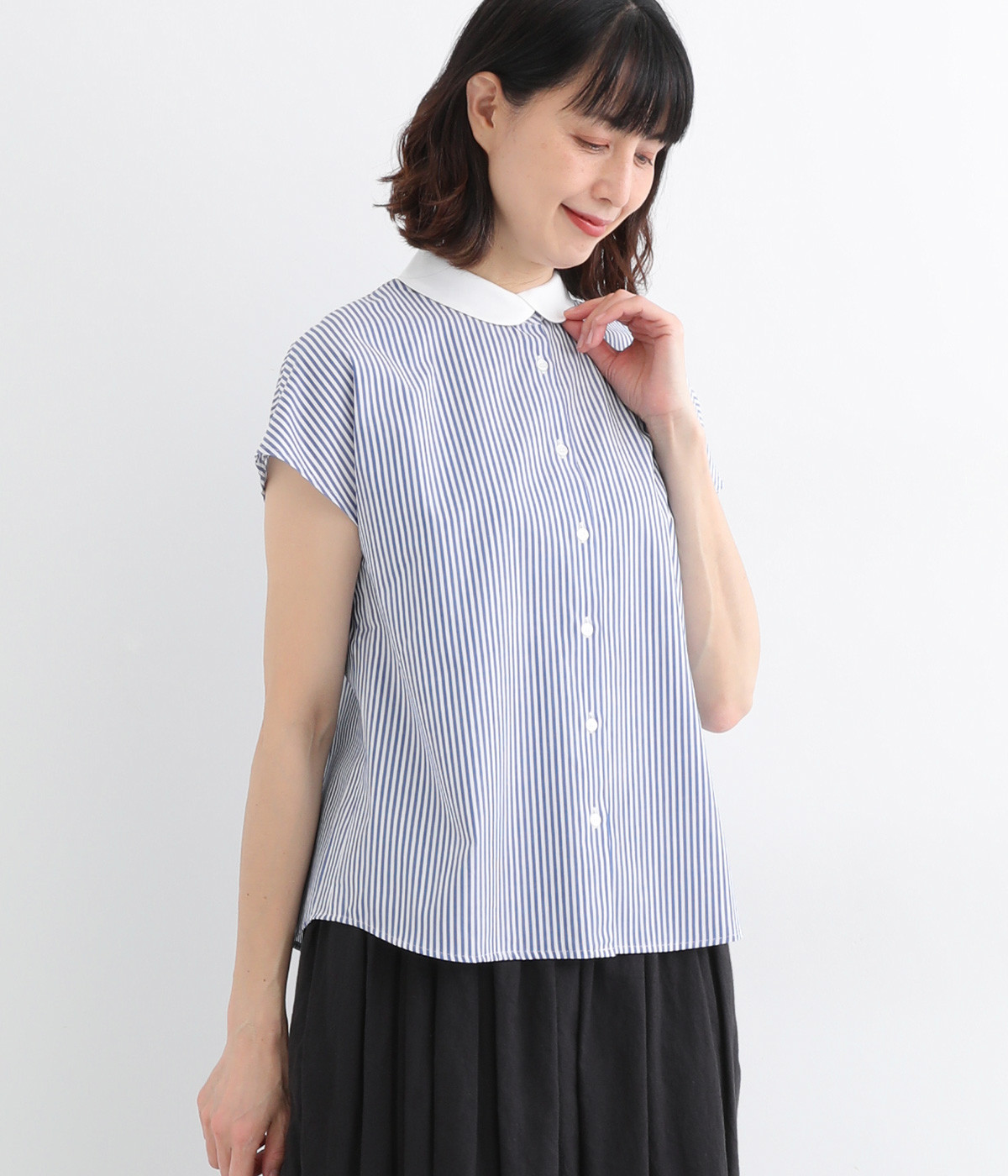 コットンブロード重ね襟裾ラウンドカット半袖シャツ(ストライプ-ONESIZE)