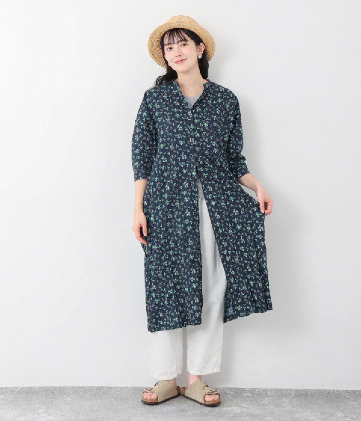 フラワープリント 7分袖クリンクルワンピース(ネイビー-ONESIZE)